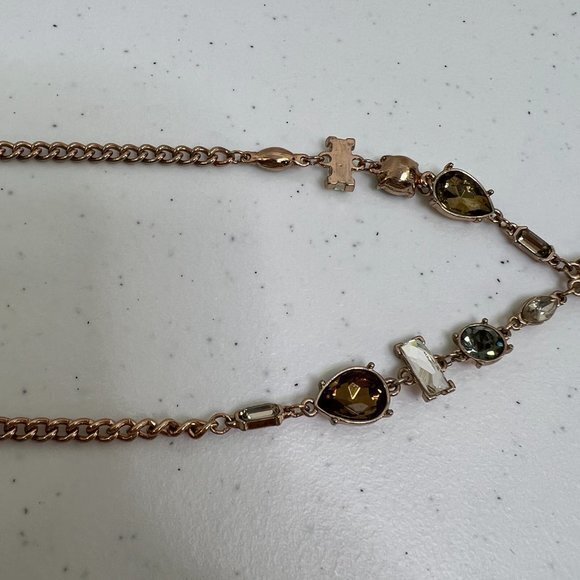 Express Rhinestone Necklace Drop Teardrop Neutral Brown Gray Gold Tone Chain Use - Picture 4 of 6